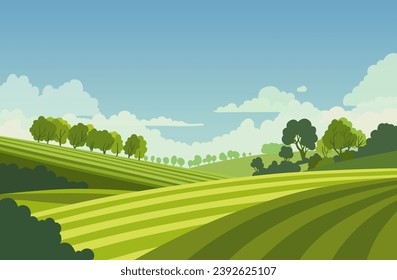 Cartoon vector illustration of lush green fields. Vibrant colors and playful background, natural and versatile landscape design