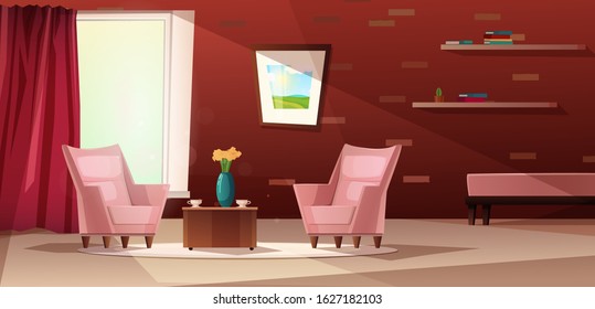 Cartoon vector illustration of luxury living room. Interior with curtains and furniture, brick wall, shelfs for books, flowers in a vase.