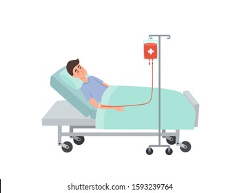 Cartoon vector illustration of lying patient with drip of blood in the hospital isolated on white. Health care concept with patient during blood transfusion procedure use for poster, hospital website