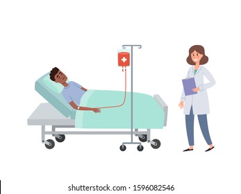 Cartoon Vector Illustration Of Lying Patient With Drip Of Blood And Nurse In Hospital Isolated On White. Health Care Concept Of African Patient During Blood Transfusion Procedure