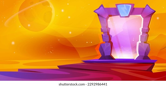 Cartoon vector illustration of magic portal in stone frame with purple plasma light. Glowing plasmic entrance door to parallel world at yellow landscape background. Fantasy game scene.