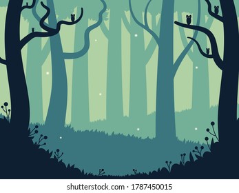 Cartoon vector illustration of magical forest. Mystery and fairytale with little fantastic creatures