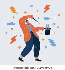 Cartoon vector illustration of magician holding a hat with a rabbit in