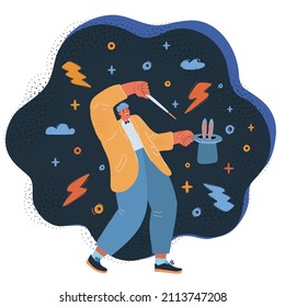 Cartoon vector illustration of magician man holding a magic wand and hat with rabbit ears over dark backroud.