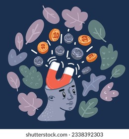 Cartoon vector illustration of magnet attracts money to human head. Money making concept over dark