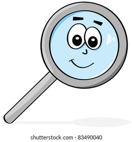 Cartoon vector illustration of a magnifying glass with a happy face