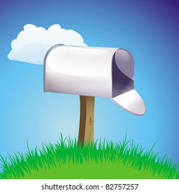 cartoon vector illustration of a mailbox open on a green hill