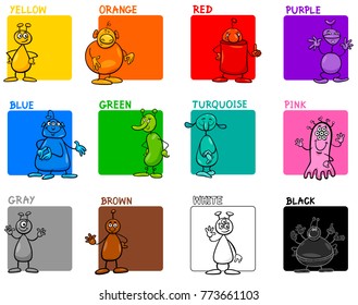 Cartoon Vector Illustration of Main Colors with Fantasy Alien Characters Educational Set for Preschool Children