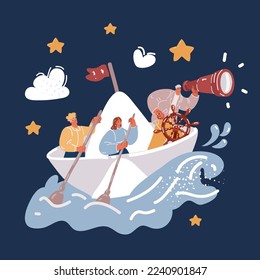 Cartoon vector illustration of Main Folded paper boat and team on it over dark backround