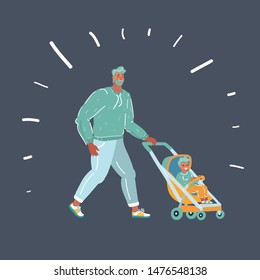 Cartoon vector illustration of male character with a stroller with child. Isolated dark background. Happy man walks with baby. Character with toddler in a stroller.