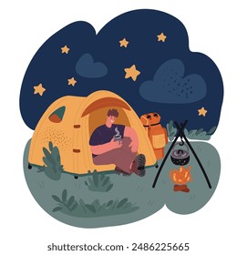 Cartoon vector illustration of Male character in tent and dog in collar near tent