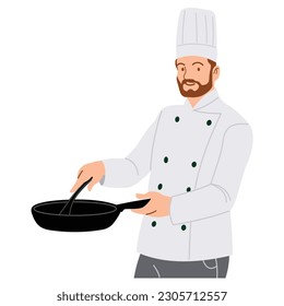 A cartoon vector illustration of a male chef wearing a white uniform and wearing a hat. Standing smiling happily and frying food in a pan.