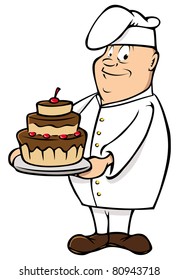 cartoon vector illustration of a male chef with chocolate cake