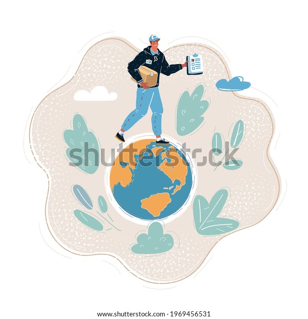 Cartoon\
vector illustration of male courier walk on planet earth to deliver\
package. Man and tiny globe on white\
background.