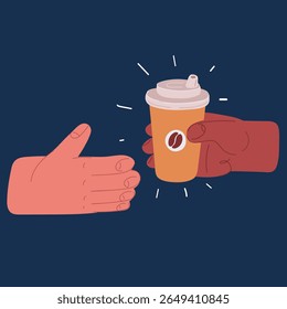 Cartoon vector illustration of male hand holding a Coffee paper cup over dark background