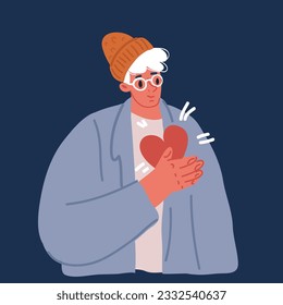 Cartoon vector illustration of Male hands holding heart. Demonstration of care, love and humanity in hands. Red heart in man's hands over dark