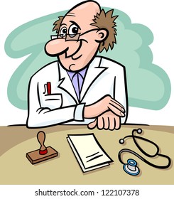 Cartoon Vector Illustration of Male Medical Doctor in Clinic Consulting Room with Stethoscope and Prescriptions
