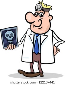 Cartoon Vector Illustration of Male Medical Doctor in White Coat with X-ray Picture of Human Skull