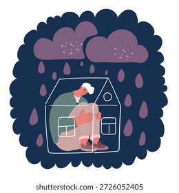 Ilustración vectorial de dibujos animados de problemas masculinos frustrado hombre de mediana edad cubrió su cabeza con las manos sentadas en el sofá en el interior de la casa. La falta de inspiración triste hombre. Concepto de salud masculina. Crisis familiar, hombre triste en casa sobre fondo oscuro
