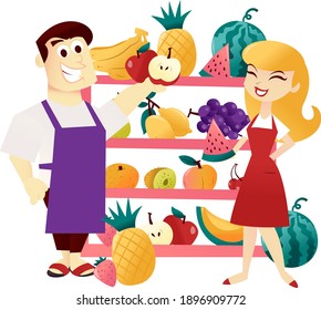 A cartoon vector illustration of a male storekeeper and a girl storekeeper with fun fruits on large shelf.