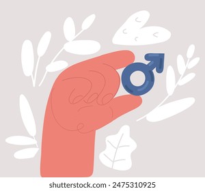 Cartoon vector illustration of male symbol holding vy hand