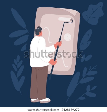 Cartoon vector illustration of man applying wall poster over dark backround