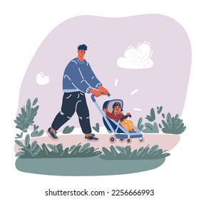 Cartoon vector illustration of man with baby stroller outside in the park