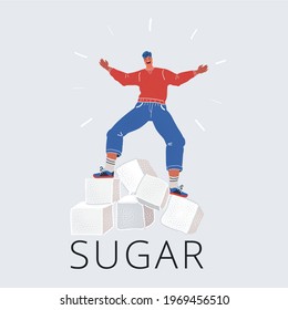 Cartoon Vector Illustration Of Man Balanced On Sugar Cubes On White Background. Too Much Sugar Concept