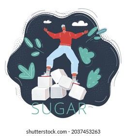 Cartoon vector illustration of man balanced on big sugar cube on dark background.