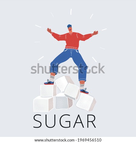 Cartoon vector illustration of man balanced on Sugar cubes on white background. Too much sugar concept