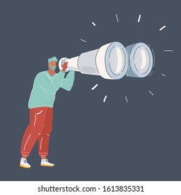 Cartoon vector illustration of man with big binoculars on dark background.