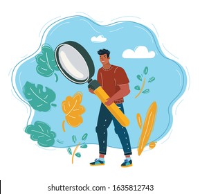 Cartoon vector illustration of man with big magnifier glass in his hands. Searching concept.