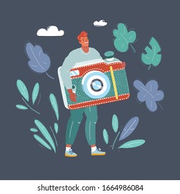 Cartoon vector illustration of man with big photo camera. Blogger, photograph concept.
