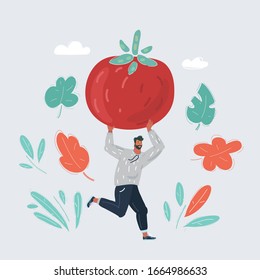 Cartoon Vektorillustration Illustration des Menschen mit großer Tomate oben. Konzept der gesundheitlichen Ernährung, Ernährung, Veganer, Kochen.