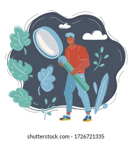 Cartoon vector illustration of Man with big magnifying glass looking for something.