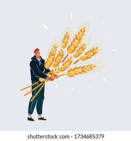 Cartoon vector illustration of man with big sheaf of wheat. Character on white background.