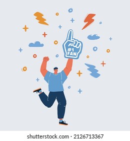 Cartoon vector illustration of man with big foam finger symbol fan