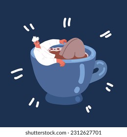 Cartoon vector illustration of man in big mug of coffee over dark background