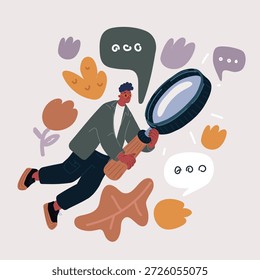 Cartoon vector illustration of Cartoon. Man with big magnifying glass in hand. Flying symbol of professional auditor