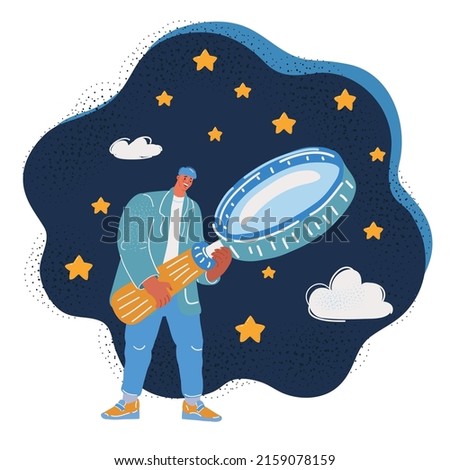 Cartoon vector illustration of Man with big Searching magnificent glass over dark backround