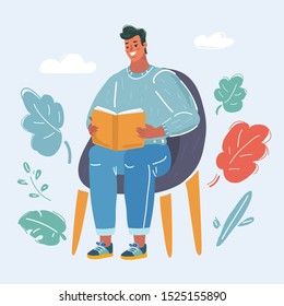 Cartoon vector illustration of man with book sitting in chair reading books.