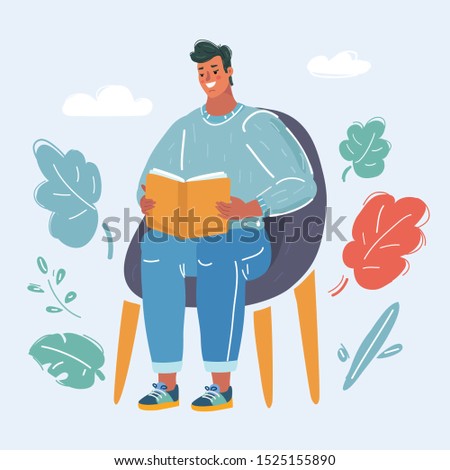 Cartoon vector illustration of man with book sitting in chair reading books.