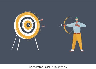 Cartoon vector illustration of man with bow and arrow shout to the target.