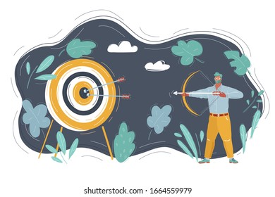 Cartoon vector illustration of man with bow and arrow shot on target.