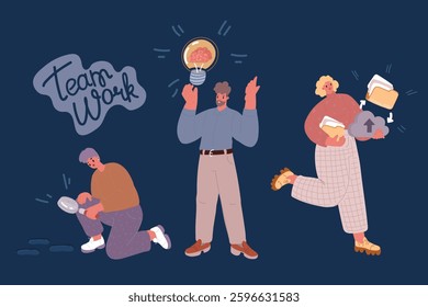 Cartoon vector illustration of Man with bulb, women with spy glass and cloud over dark backround
