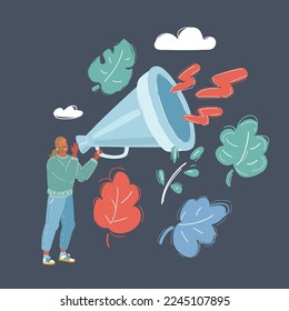 Cartoon vector illustration of man with bullhorn megaphone loudspeaker. Advertising announcement cry information concept.