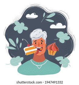 Cartoon vector illustration of man with a cake. Male sweet tooth character on dark background.