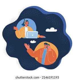 Cartoon vector illustration of man call to call center over dark backround.