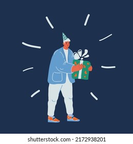 Cartoon vector illustration of man carrying shopping bags and gifts over dark backround