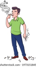 Cartoon Vector Illustration Of A Man Chain Smoking